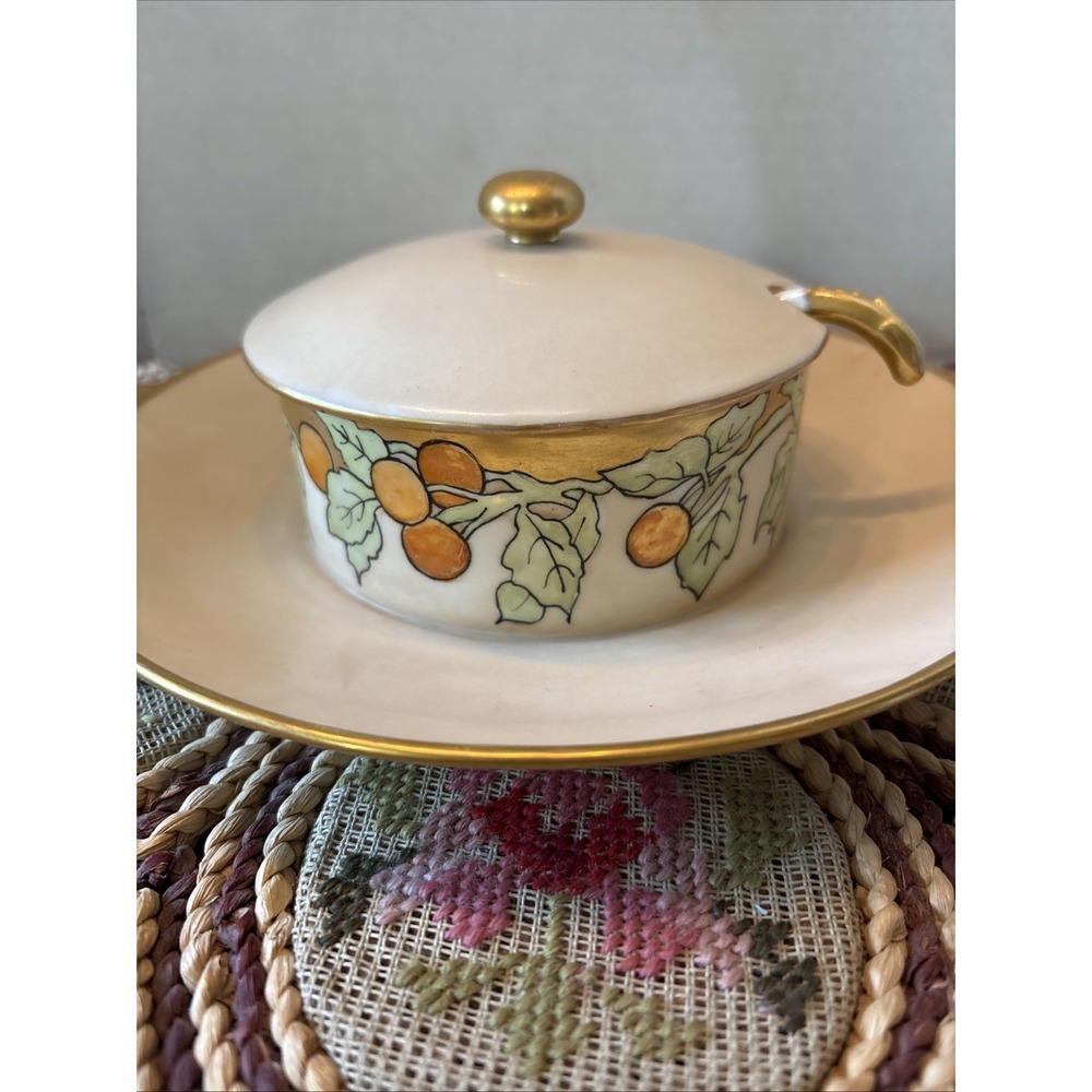 Antique Porcelain Covered Cream Soup Bowl Fruit Attached Under‎ Plate Ladle Gilt